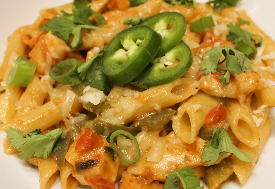 Penne pasta sautéed with chipotle chicken, cheese, jalapeños, cilantro, peppers, onions and tomatoes